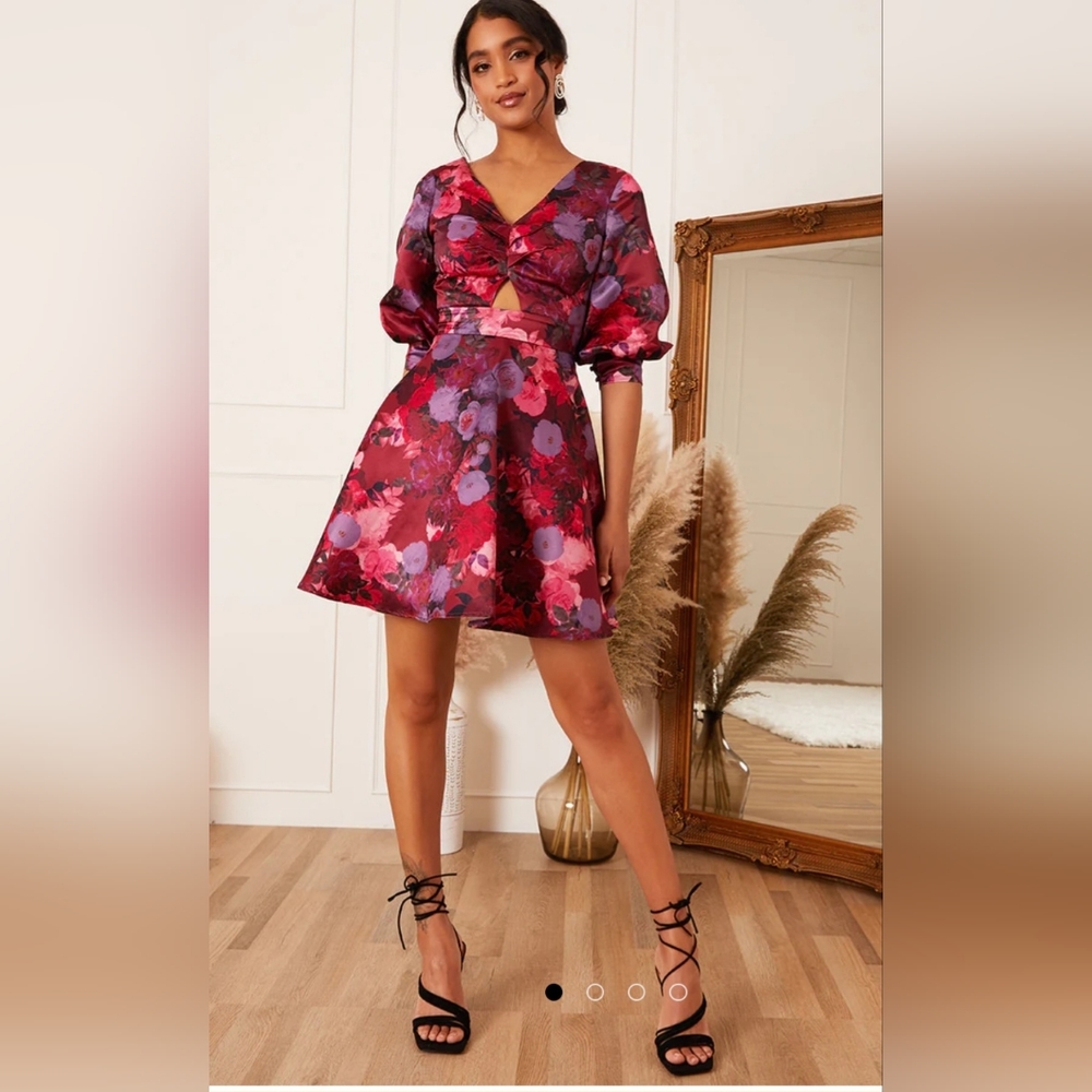 Puff Sleeve Twist Bodice Floral Mini Dress Size UK 8, which is US 4